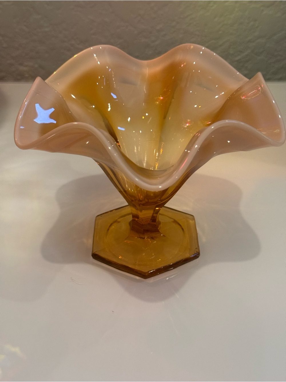 Vintage Fenton Cameo Amber
Opalescent flared ruffled footed Vase - Picture 8 of 10